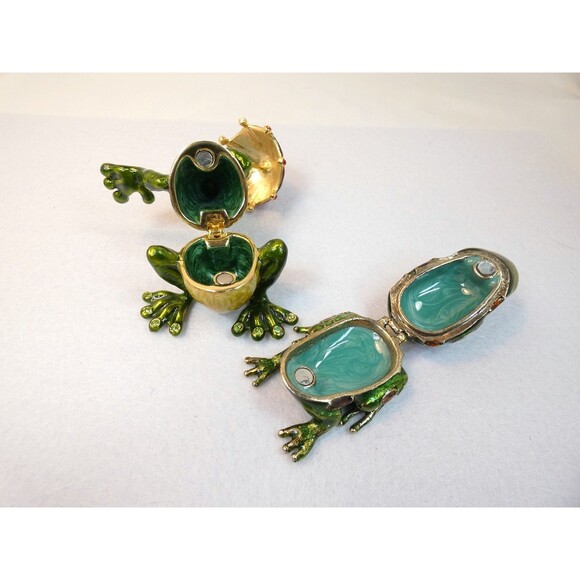 Two Pewter Enamel Rhinestone Frog Trinket Treasure Boxes Umbrella Monet Gift - Picture 5 of 7
